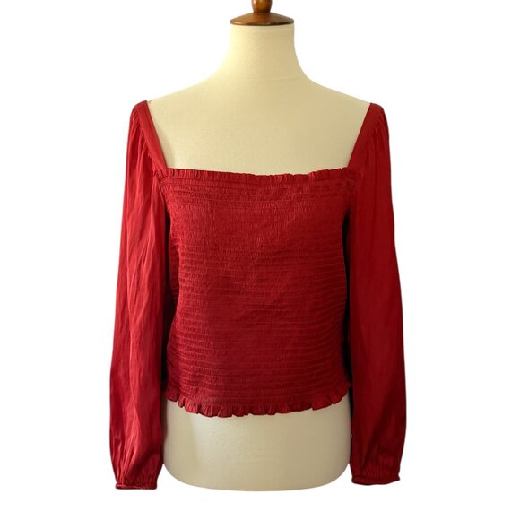 J. Crew Tops - J. Crew Square Neck Smocked Featherweight Satin Top Red Large